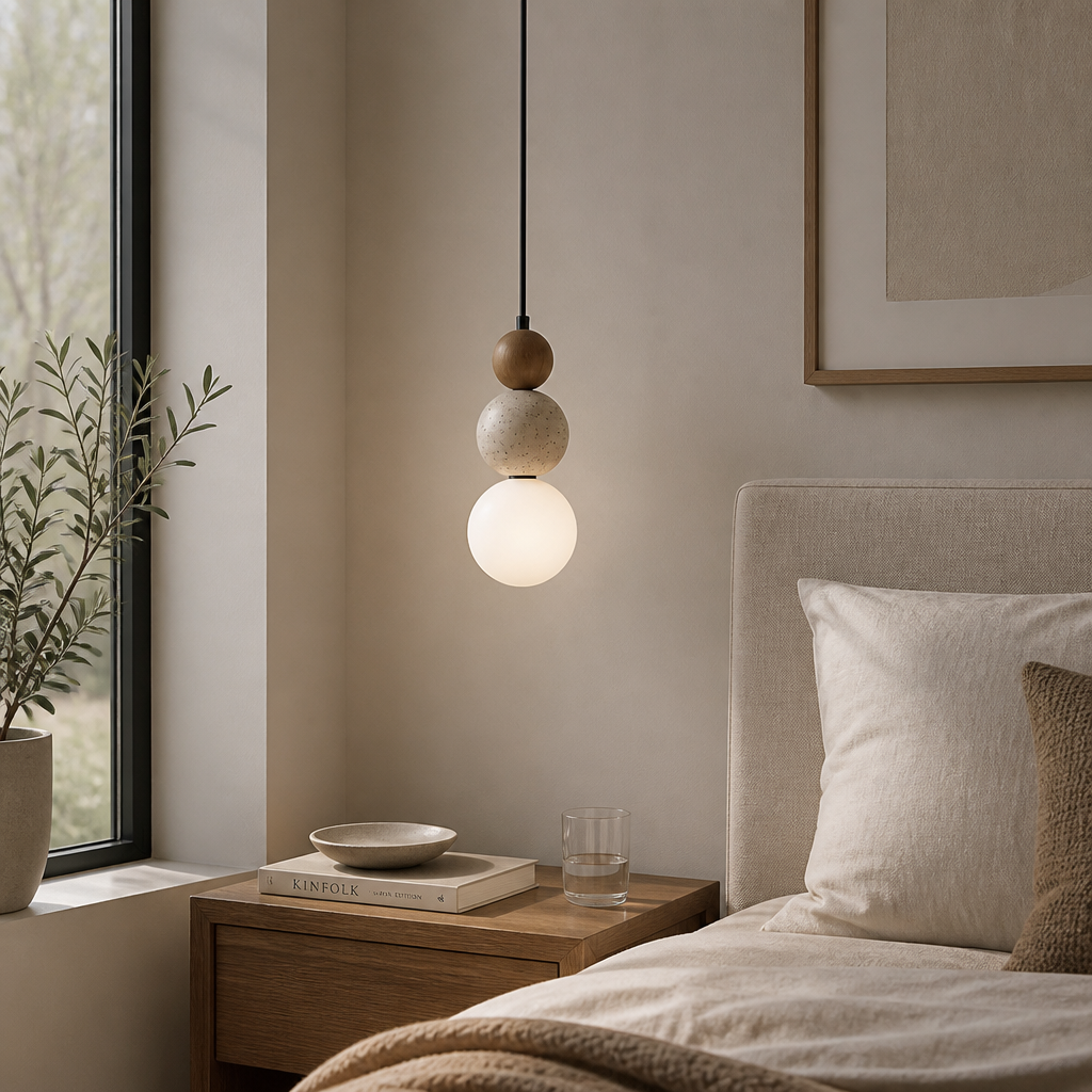 Modern Bauhaus Stone & Wood Pendant Light for Bar & Bedroom