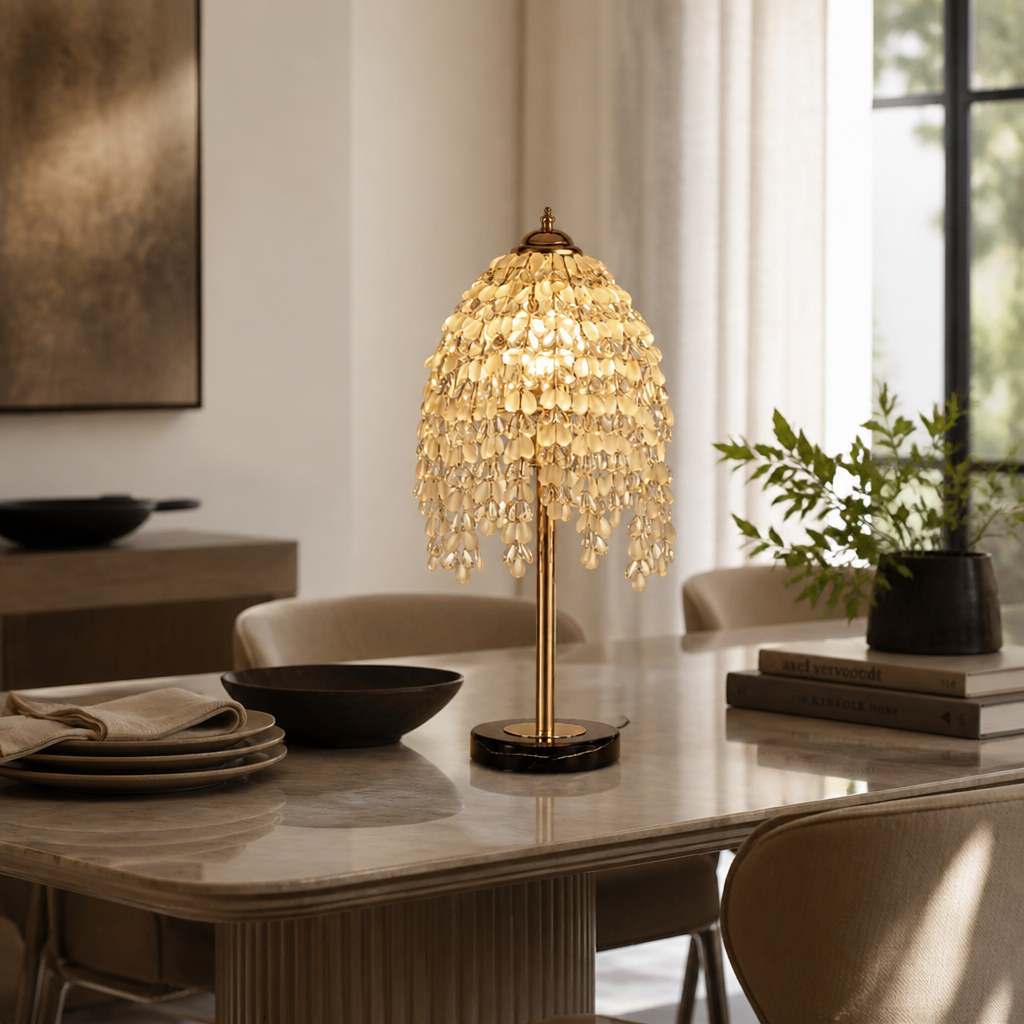 Modern Crystal Table Lamp 19" with Marble Base & Beaded Shade