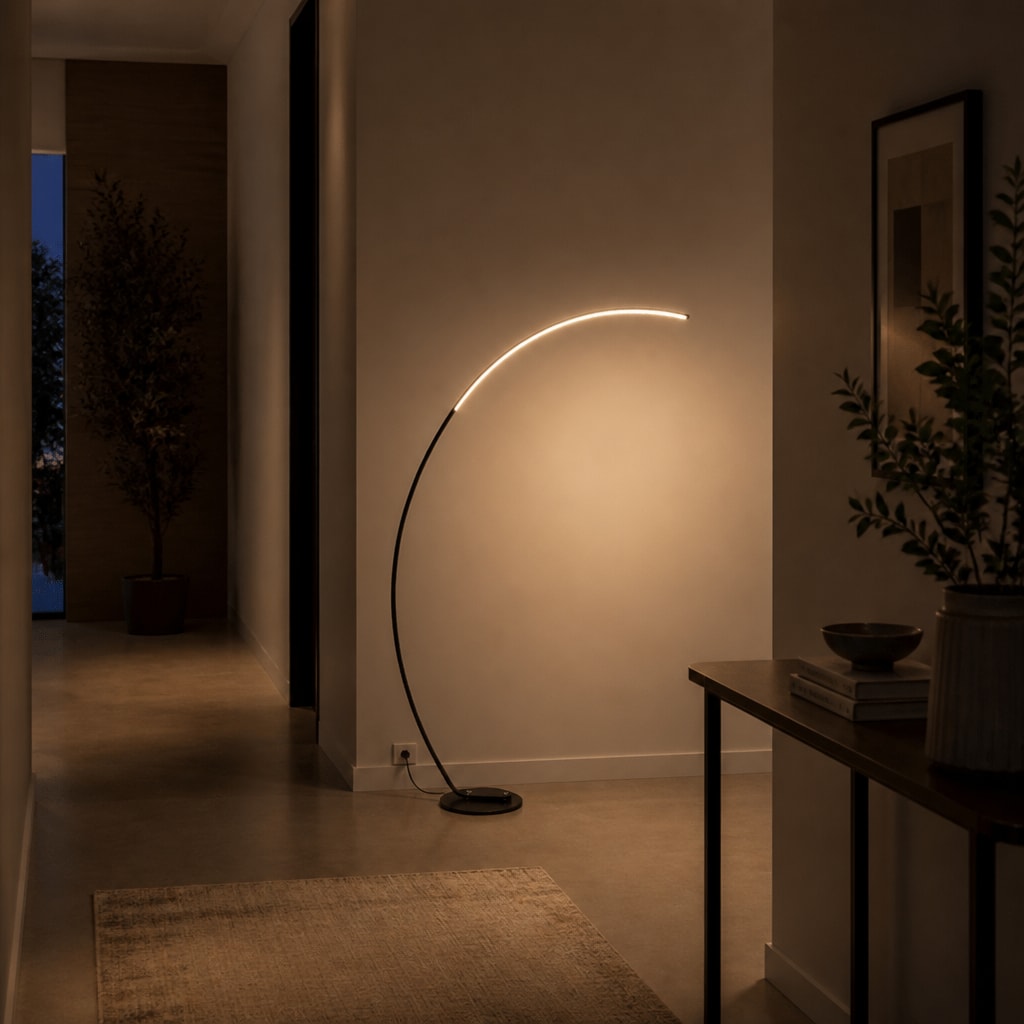 Modern Arc LED Floor Lamp — Dimmable Remote, Minimal Curve Light