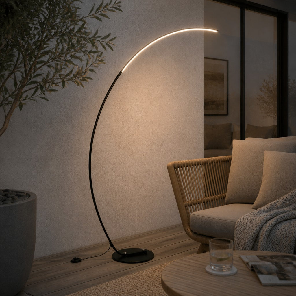Modern Arc LED Floor Lamp — Dimmable Remote, Minimal Curve Light