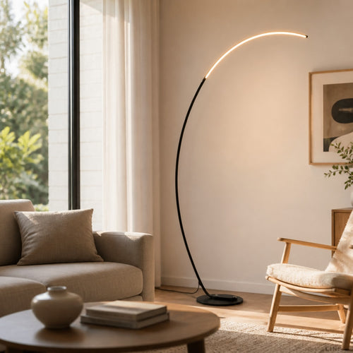 Modern Arc LED Floor Lamp — Dimmable Remote, Minimal Curve Light