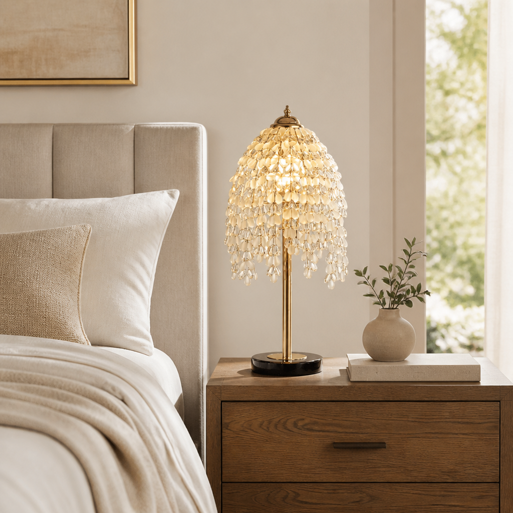 Modern Crystal Table Lamp 19" with Marble Base & Beaded Shade