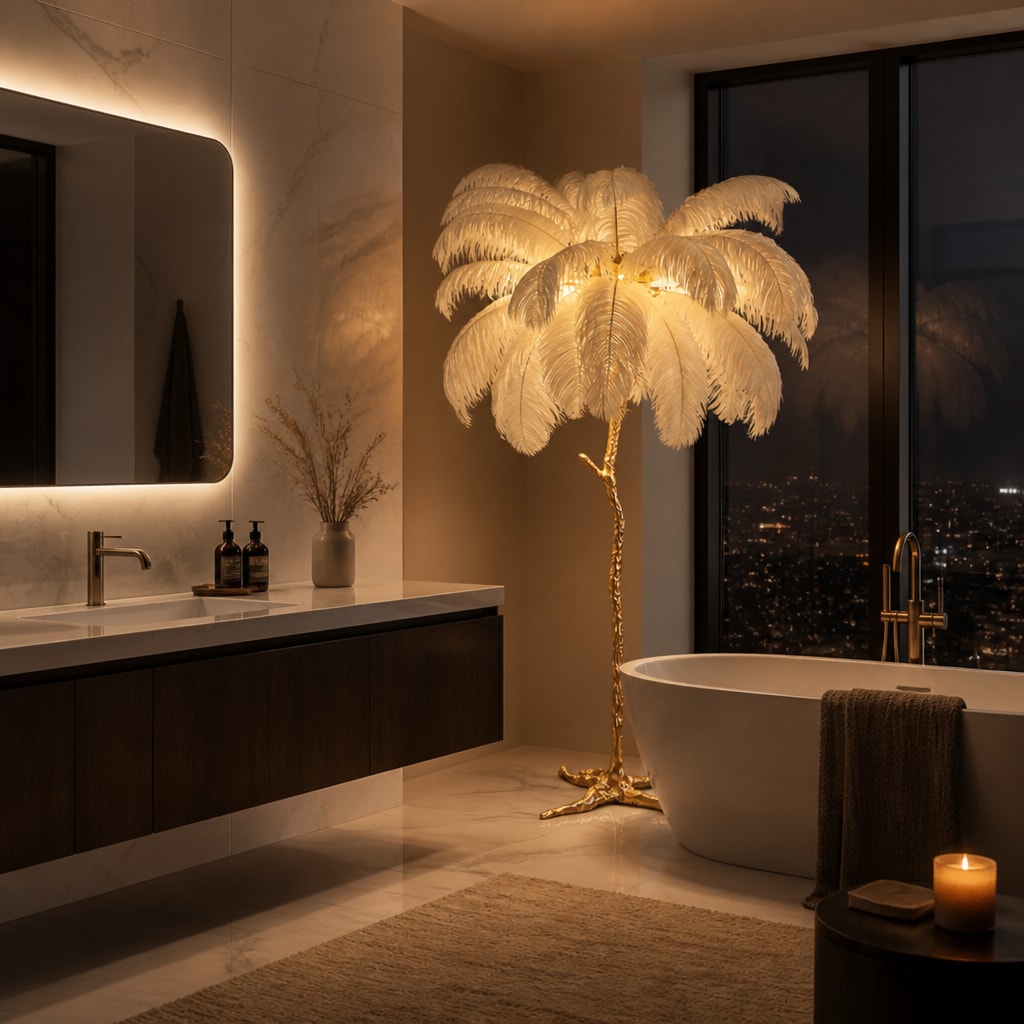 Ostrich Feather Floor Lamp — Gold Base, Multi-Size Options