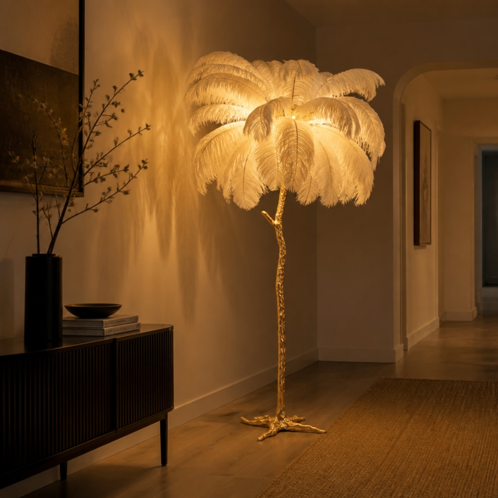 Ostrich Feather Floor Lamp — Gold Base, Multi-Size Options