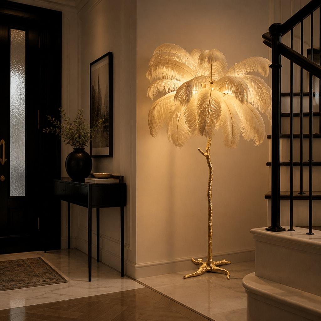 Ostrich Feather Floor Lamp — Gold Base, Multi-Size Options