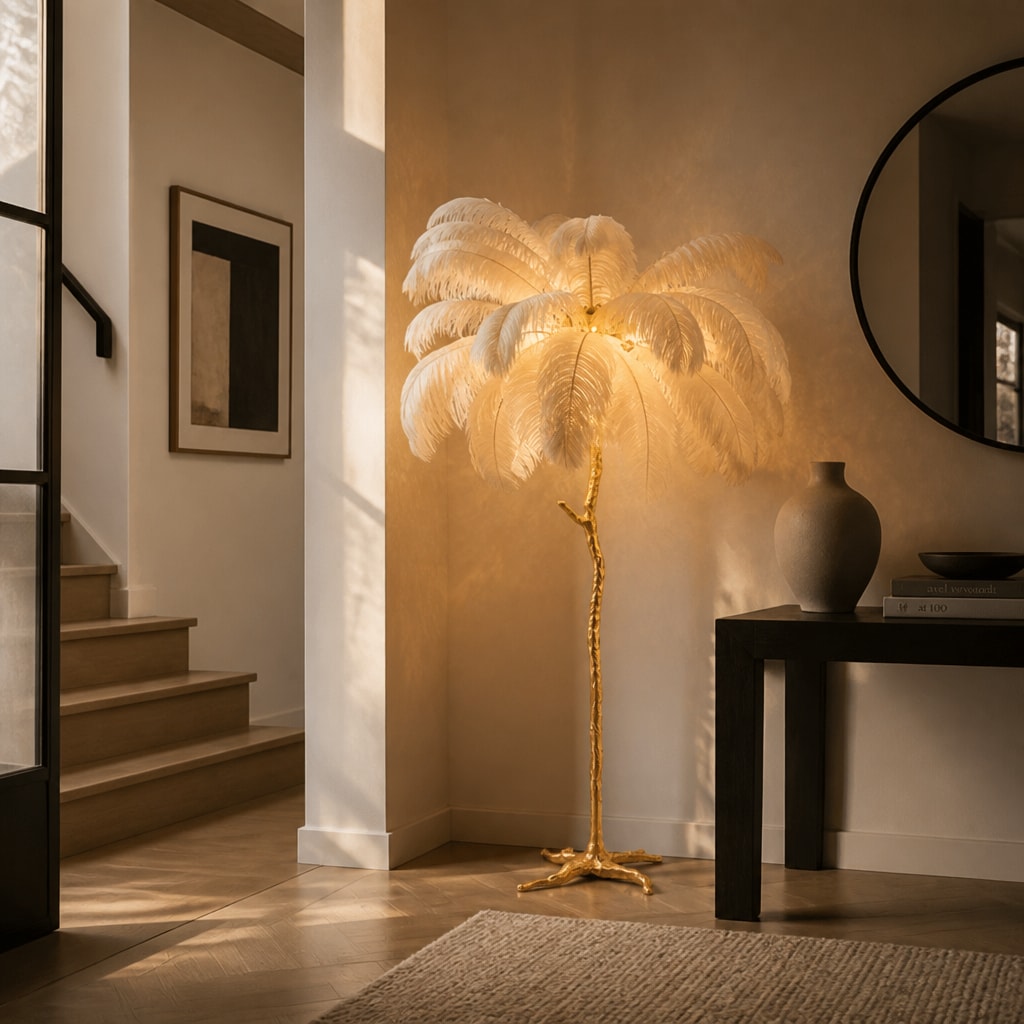 Ostrich Feather Floor Lamp — Gold Base, Multi-Size Options