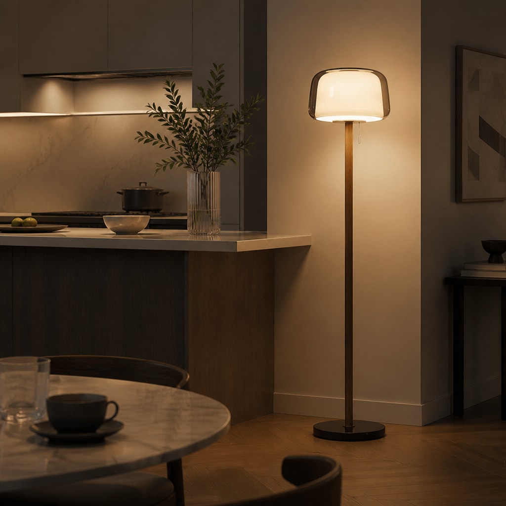 Glass Floor Lamp — Wood Base, Remote Dimmable, LED Reading