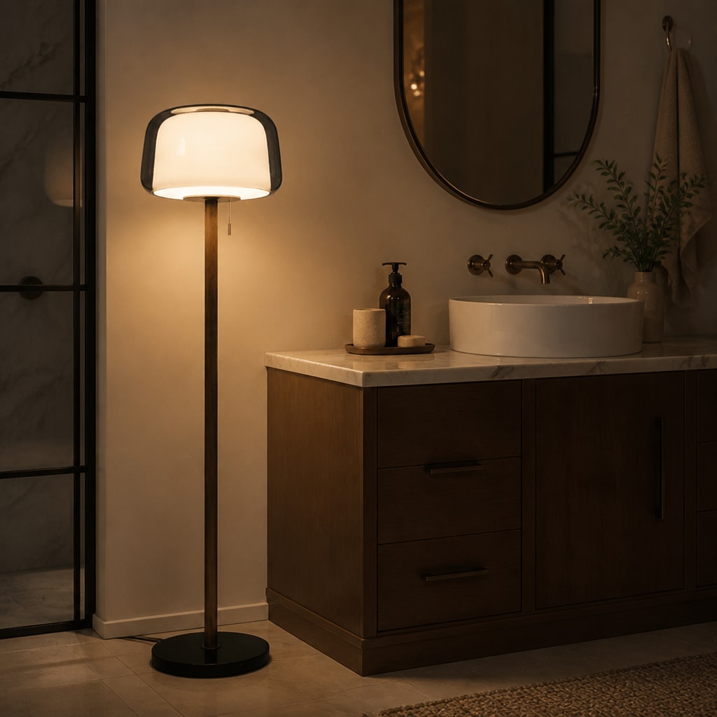 Glass Floor Lamp — Wood Base, Remote Dimmable, LED Reading