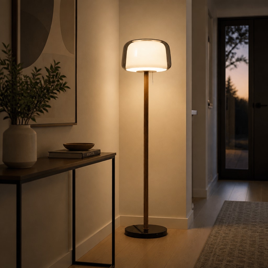 Glass Floor Lamp — Wood Base, Remote Dimmable, LED Reading