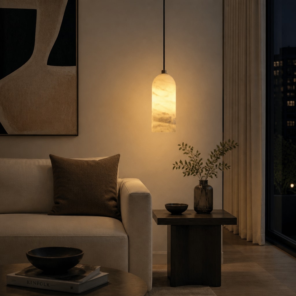 Modern Marble Pendant Light – Warm LED Minimalist Hanging Lamp