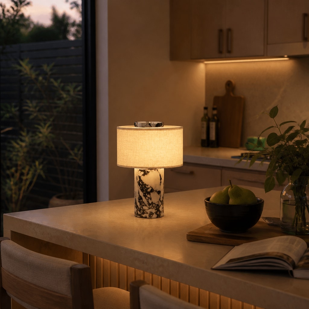 Modern Marble Table Lamp Warm Light Fabric Shade Bedside Lamp