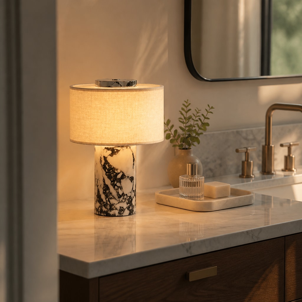 Modern Marble Table Lamp Warm Light Fabric Shade Bedside Lamp