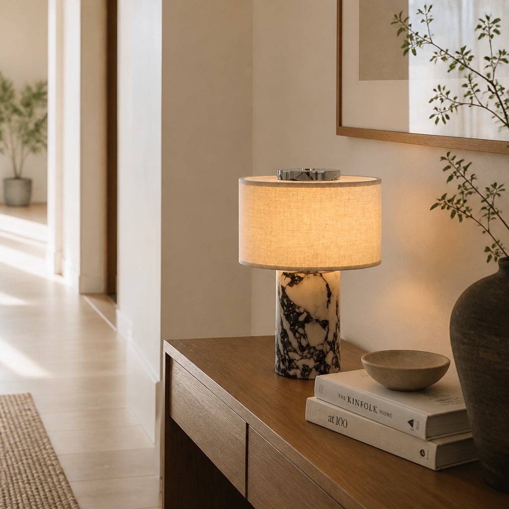 Modern Marble Table Lamp Warm Light Fabric Shade Bedside Lamp