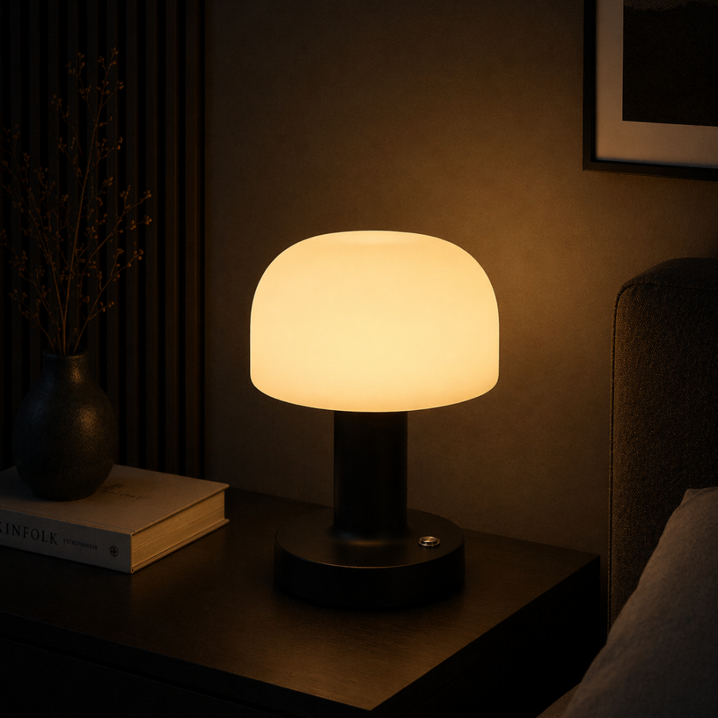 Modern Rechargeable Touch Table Lamp with Fabric Shade for Bedroom