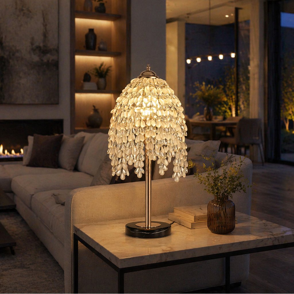Modern Crystal Table Lamp 19" with Marble Base & Beaded Shade