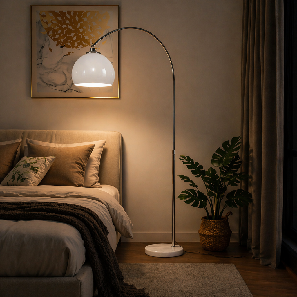 Modern Arc Floor Lamp with Glass Shade for Living Room & Bedroom