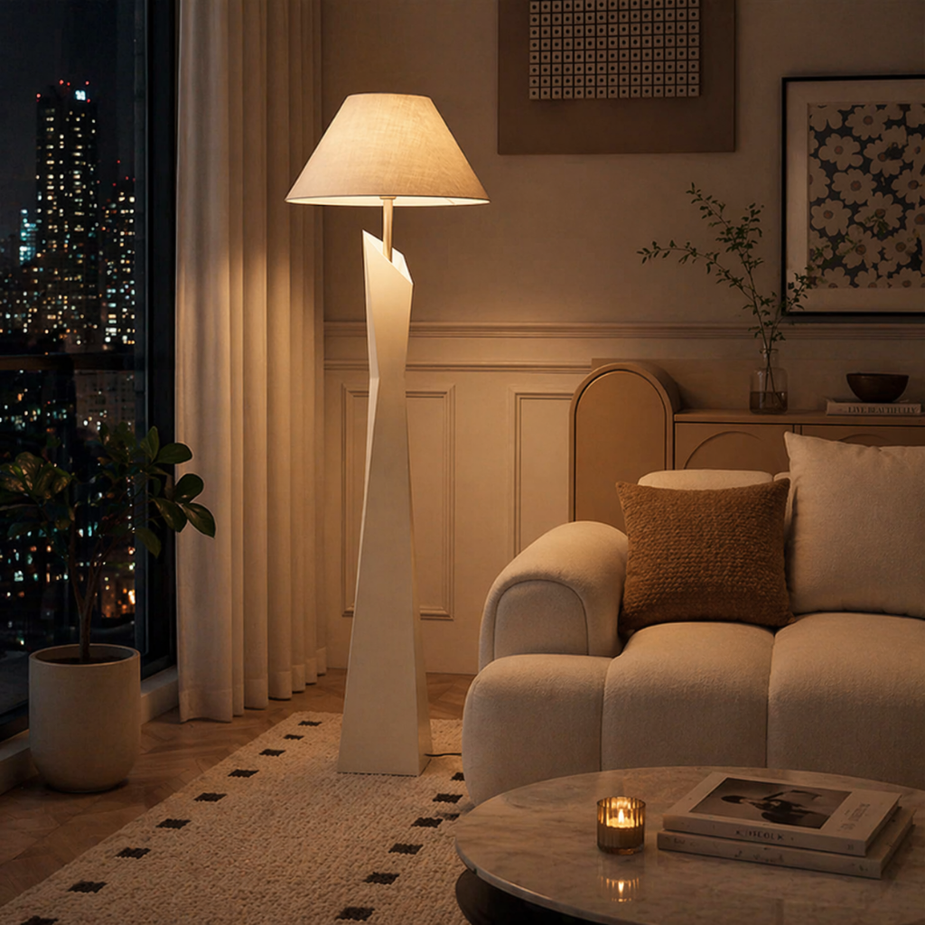 Modern Sculptural Floor Lamp with Fabric Shade for Living Room