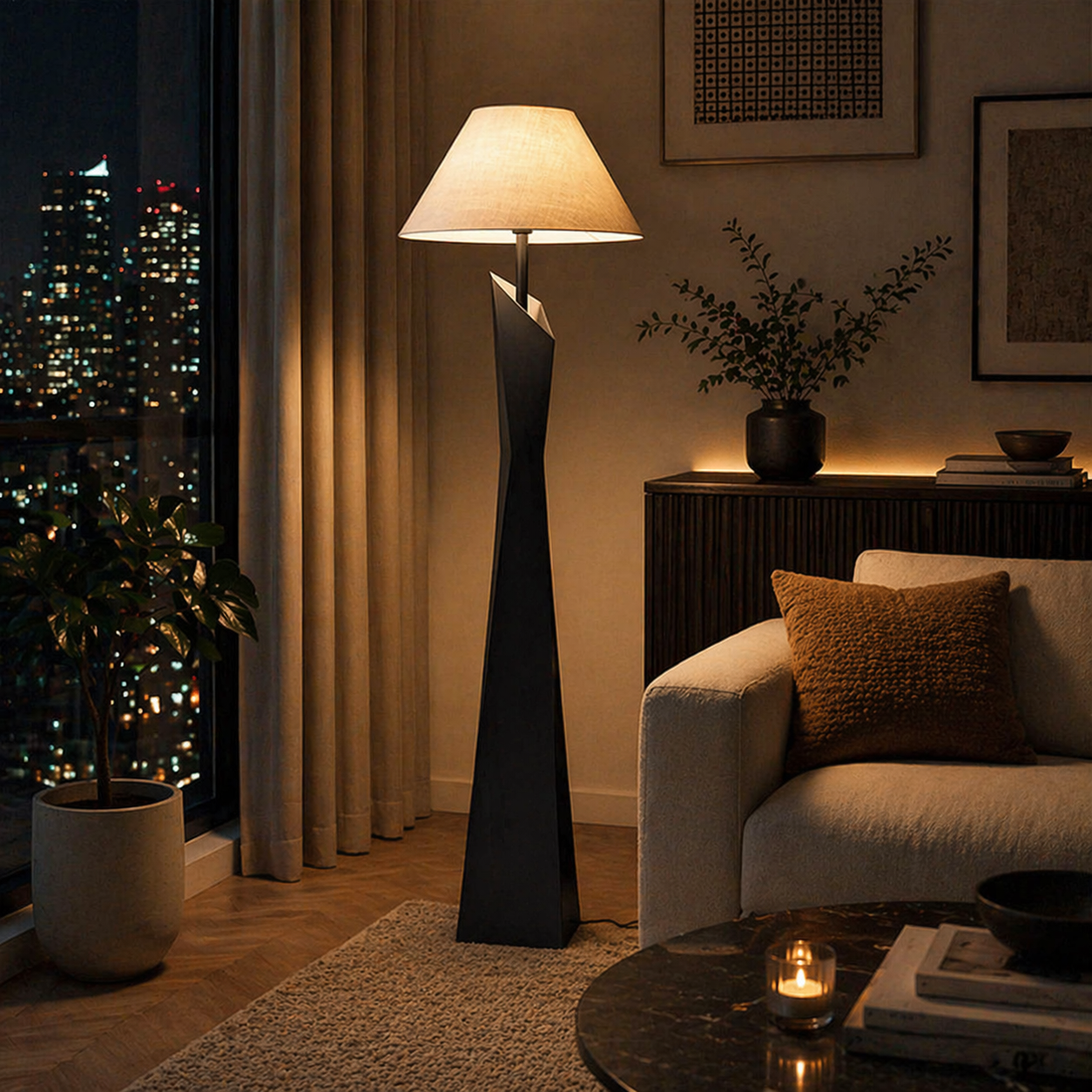 Modern Sculptural Floor Lamp with Fabric Shade for Living Room