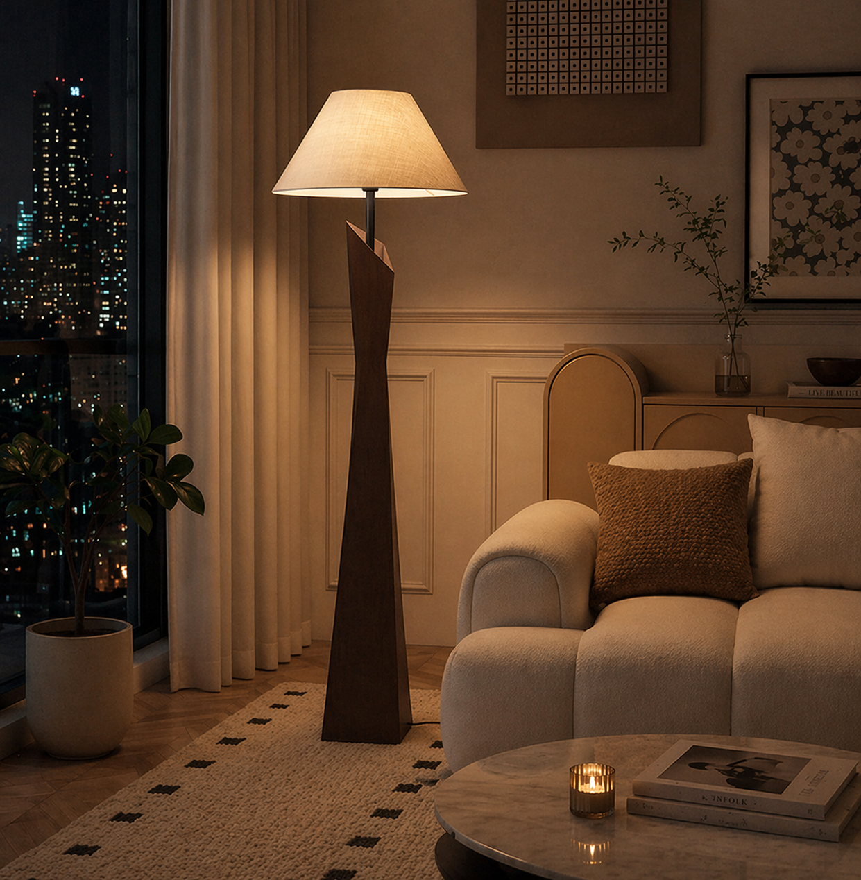 Modern Sculptural Floor Lamp with Fabric Shade for Living Room