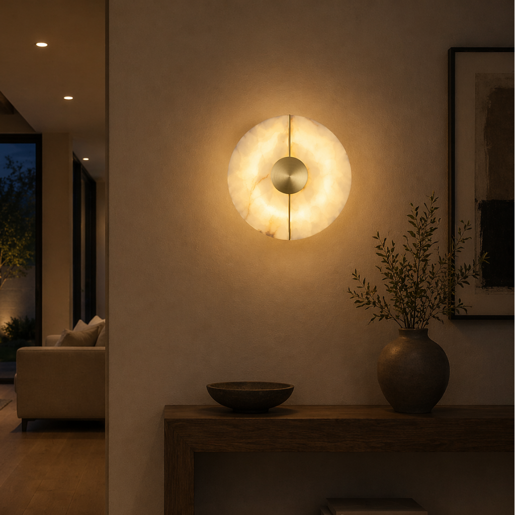 Modern Alabaster Marble Wall Sconce with Brass Accent for Hallway