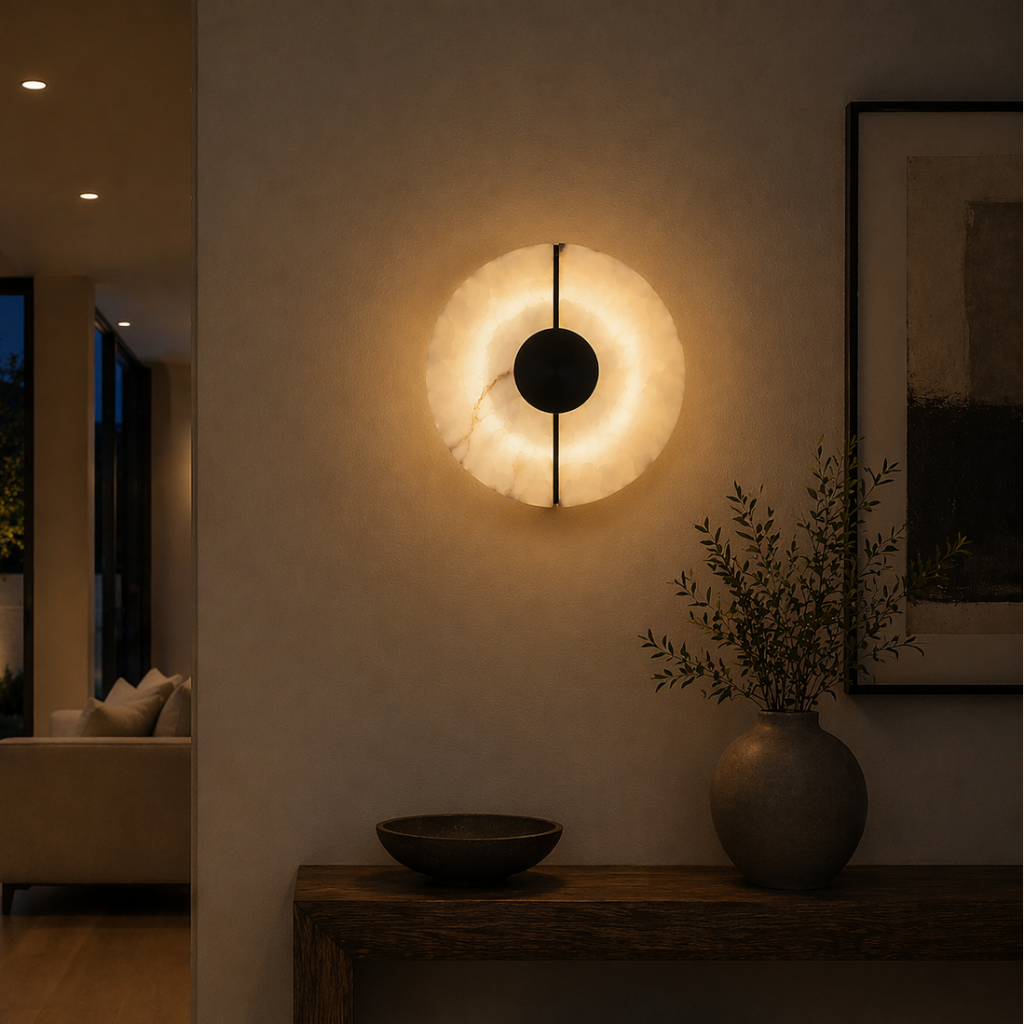 Modern Alabaster Marble Wall Sconce with Brass Accent for Hallway