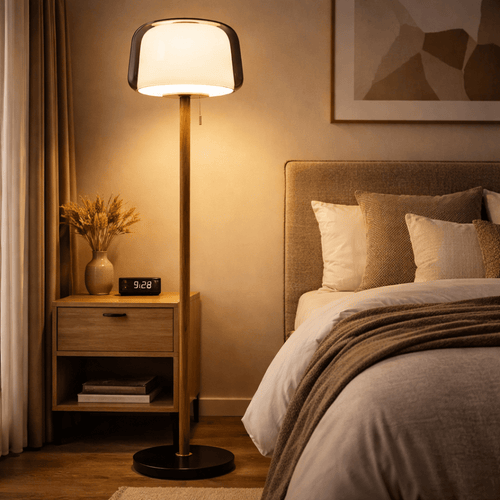 Glass Floor Lamp — Wood Base, Remote Dimmable, LED Reading - tonkert
