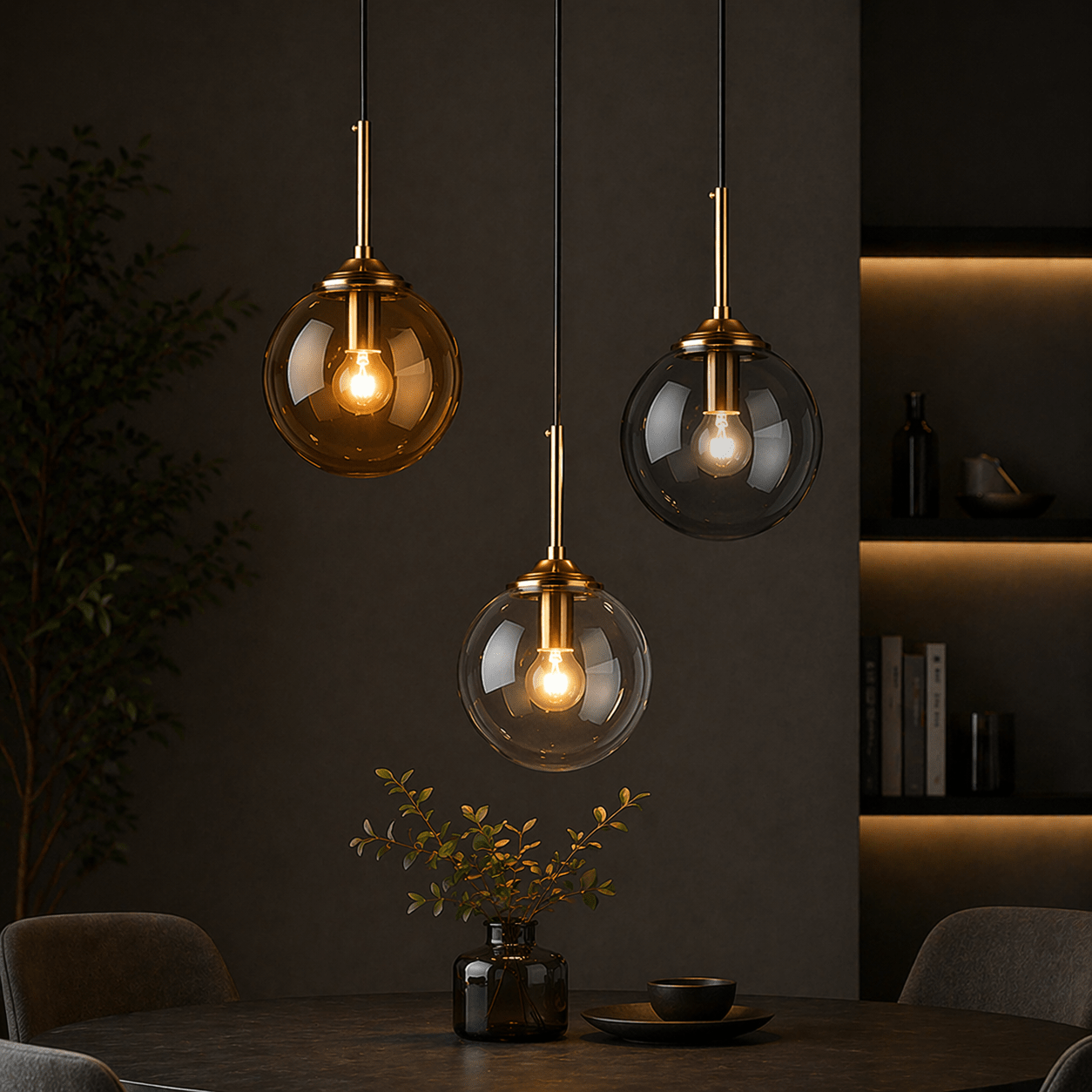 Modern 3 - Light Glass Globe Pendant Chandelier for Dining Room - tonkert