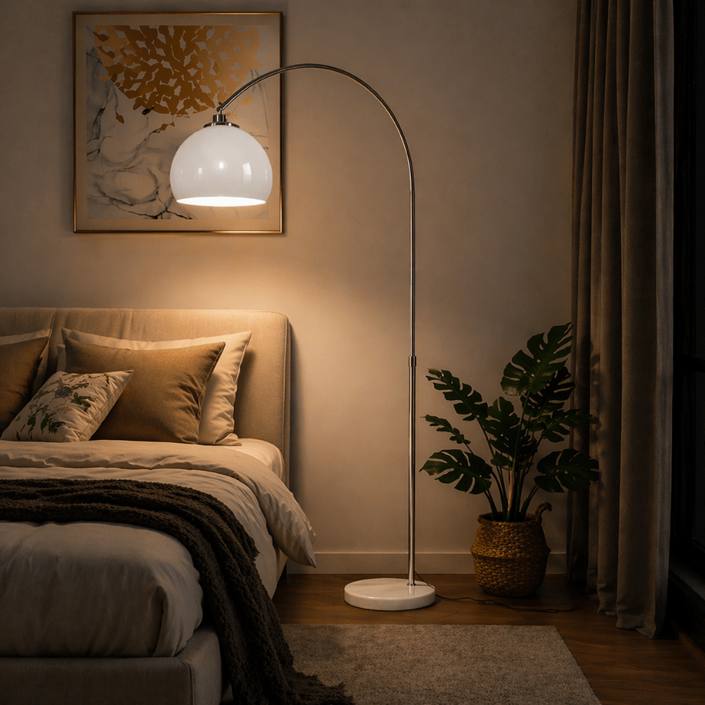 Modern Arc Floor Lamp with Glass Shade for Living Room & Bedroom - tonkert