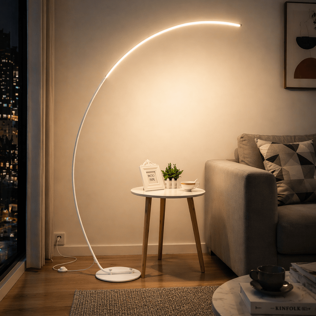 Modern Arc LED Floor Lamp — Dimmable Remote, Minimal Curve Light - tonkert