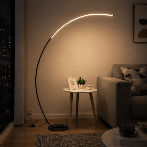 Modern Arc LED Floor Lamp — Dimmable Remote, Minimal Curve Light - tonkert
