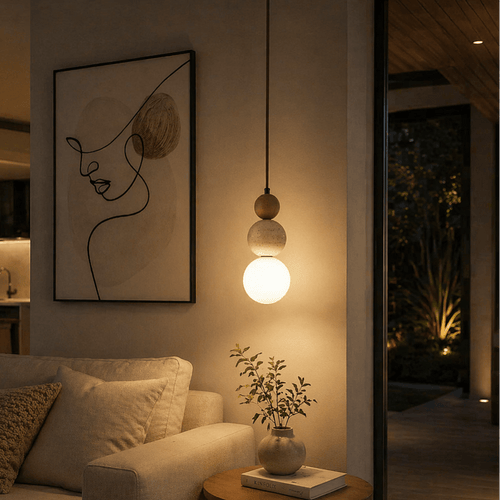 Modern Bauhaus Stone & Wood Pendant Light for Bar & Bedroom - tonkert