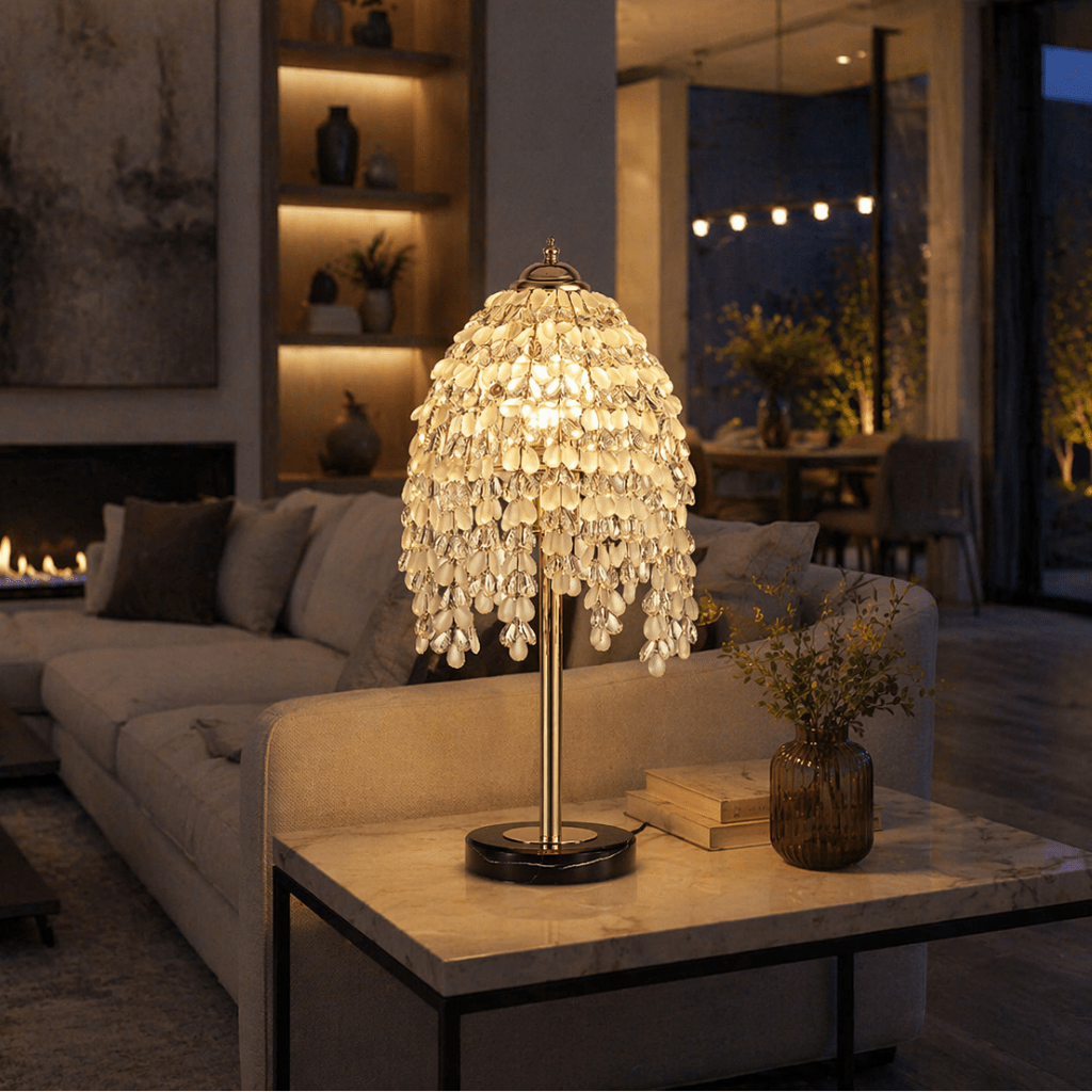 Modern Crystal Table Lamp 19" with Marble Base & Beaded Shade - tonkert
