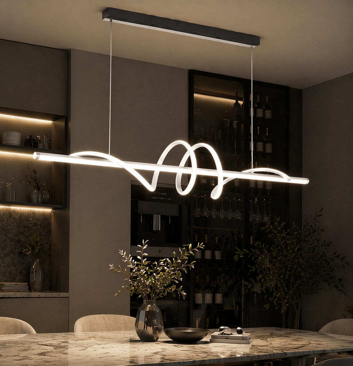 Modern Curved LED Pendant Light for Dining Room & Kitchen Island - tonkert