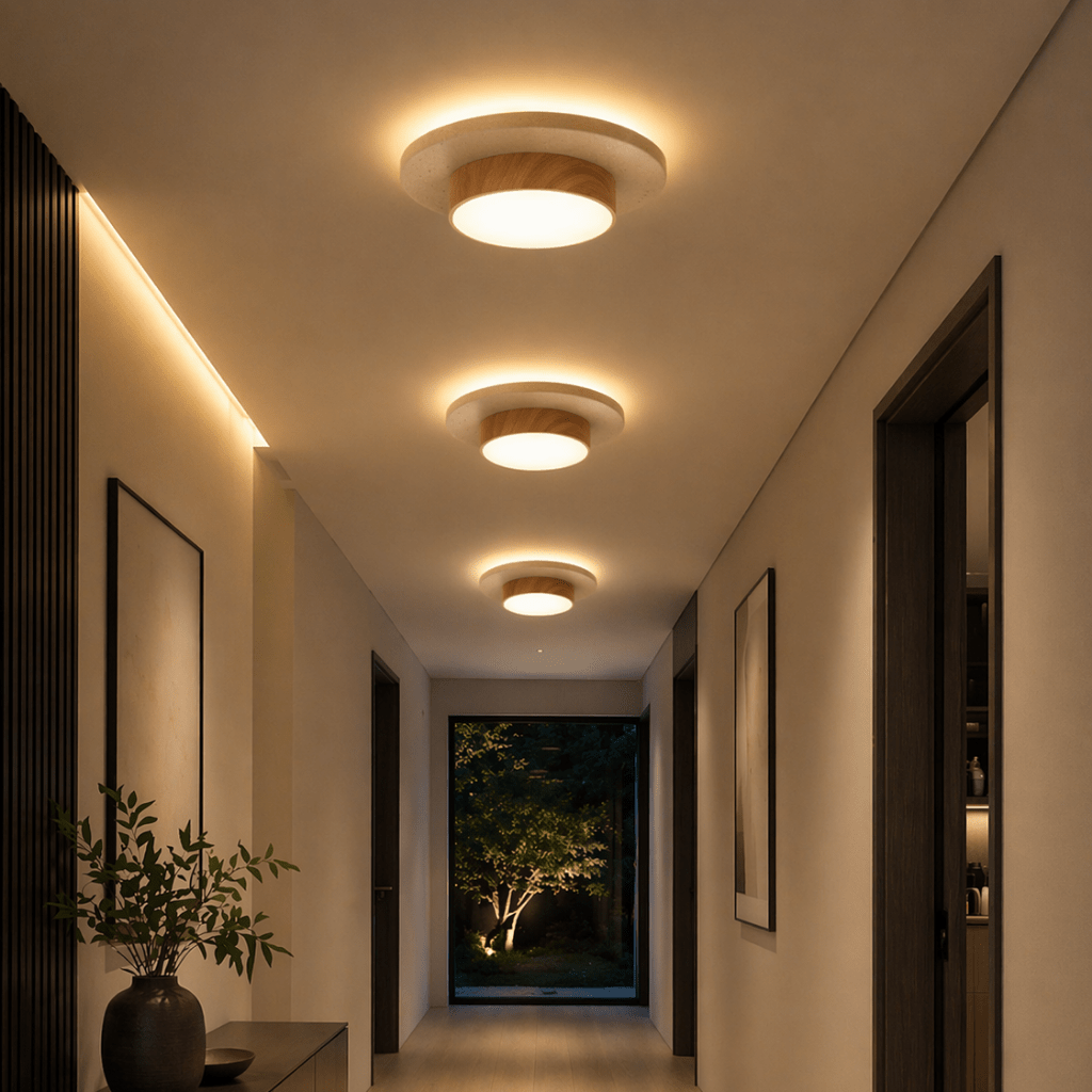 Modern Dimmable Halo LED Ceiling Light with Wood Accent - tonkert