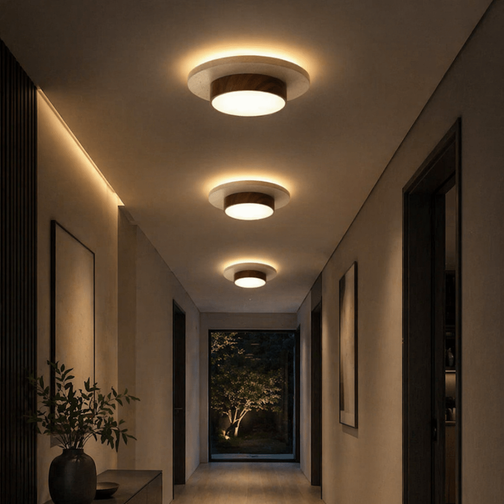 Modern Dimmable Halo LED Ceiling Light with Wood Accent - tonkert