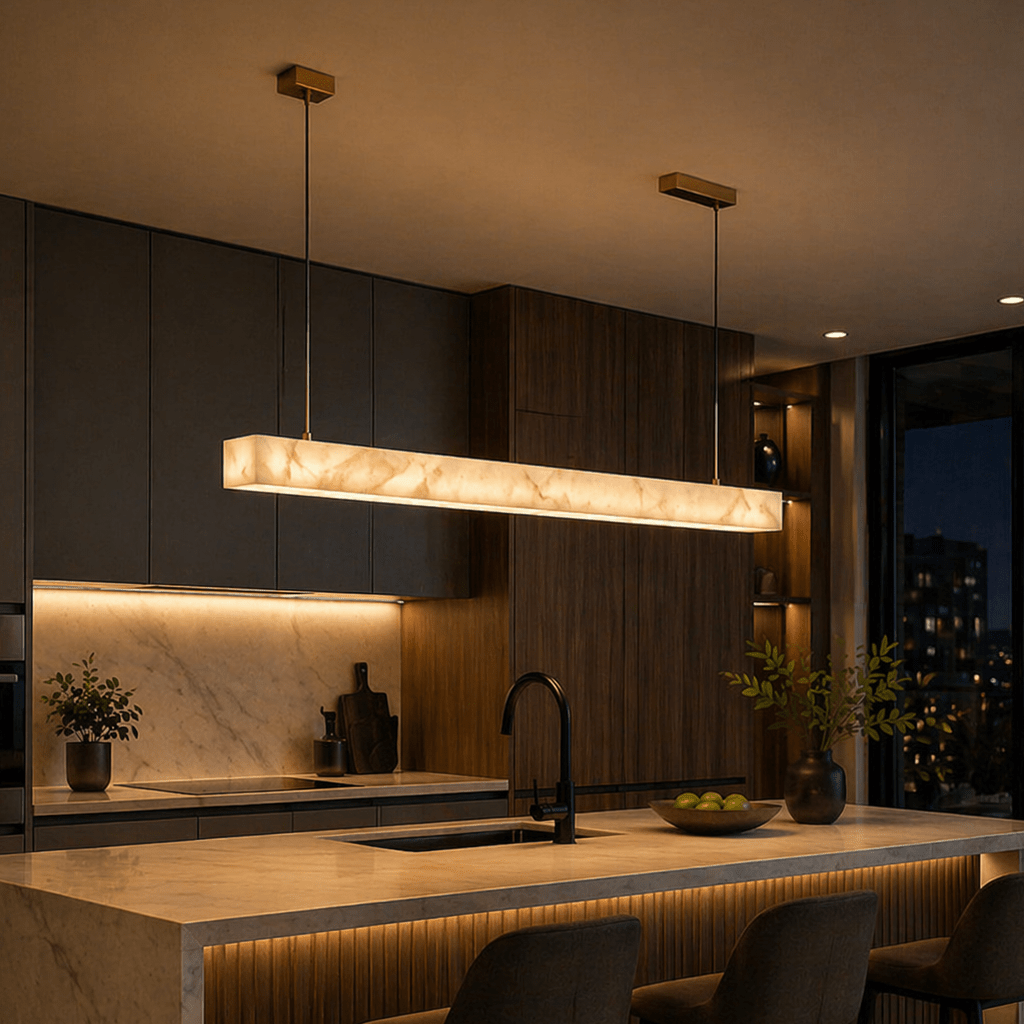Modern Linear Marble Pendant Light – LED Kitchen Island Fixture - tonkert