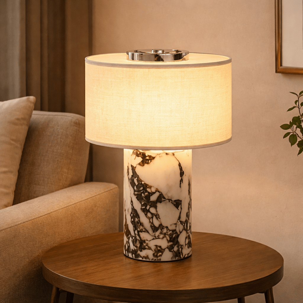 Modern Marble Table Lamp Warm Light Fabric Shade Bedside Lamp - tonkert