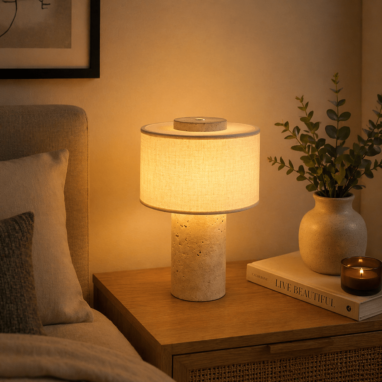 Modern Marble Table Lamp Warm Light Fabric Shade Bedside Lamp - tonkert