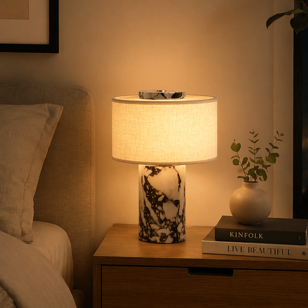 Modern Marble Table Lamp Warm Light Fabric Shade Bedside Lamp - tonkert