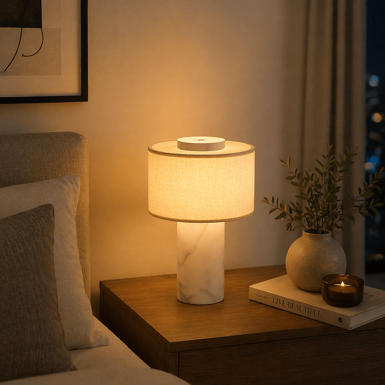 Modern Marble Table Lamp Warm Light Fabric Shade Bedside Lamp - tonkert
