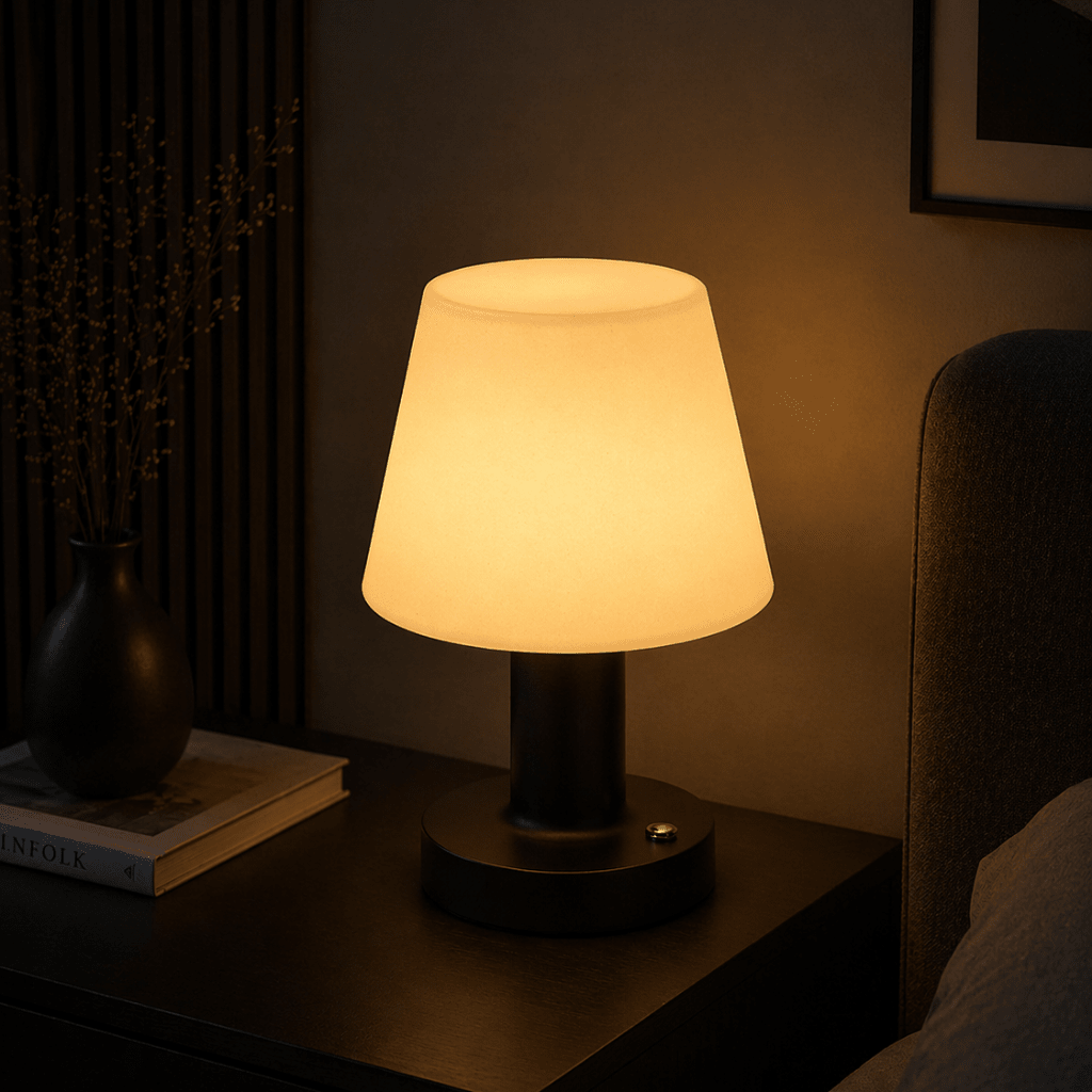 Modern Rechargeable Touch Table Lamp with Fabric Shade for Bedroom - tonkert