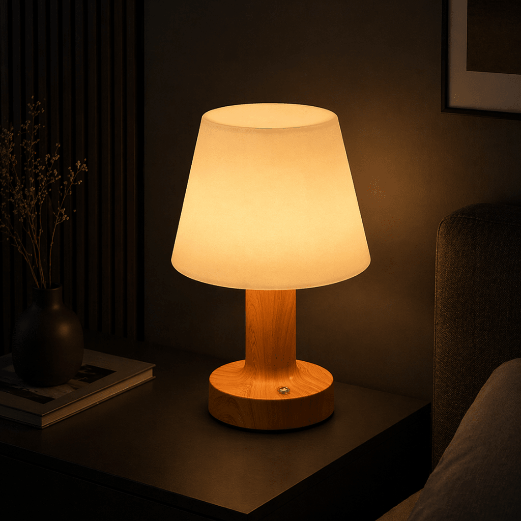 Modern Rechargeable Touch Table Lamp with Fabric Shade for Bedroom - tonkert