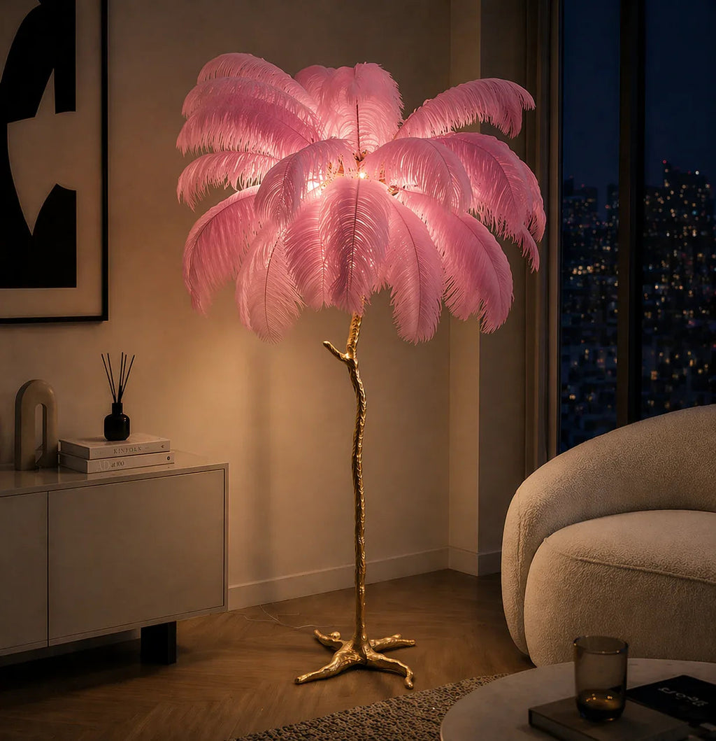 Ostrich Feather Floor Lamp — Gold Base, Multi - Size Options - tonkert