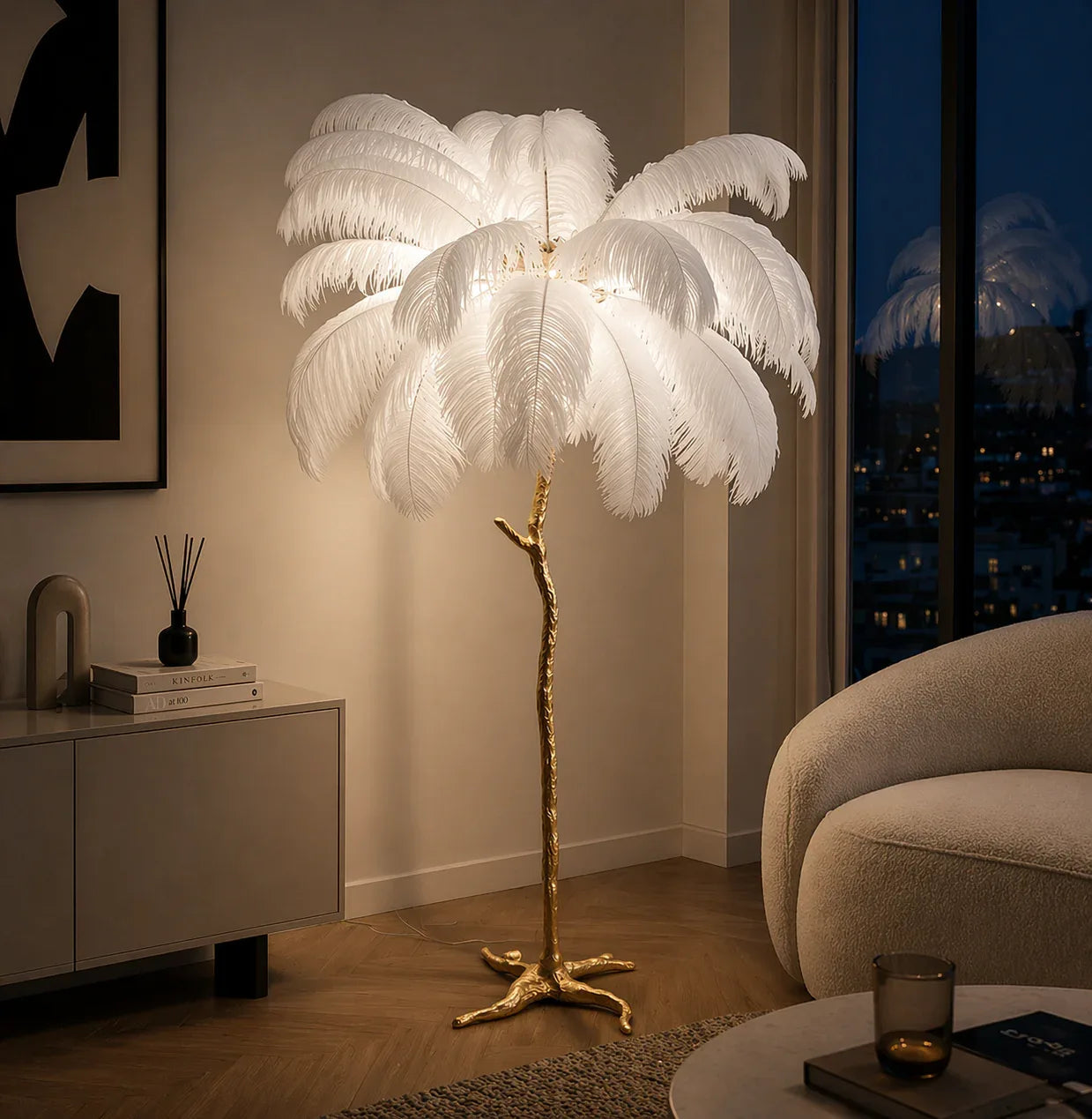 Ostrich Feather Floor Lamp — Gold Base, Multi - Size Options - tonkert