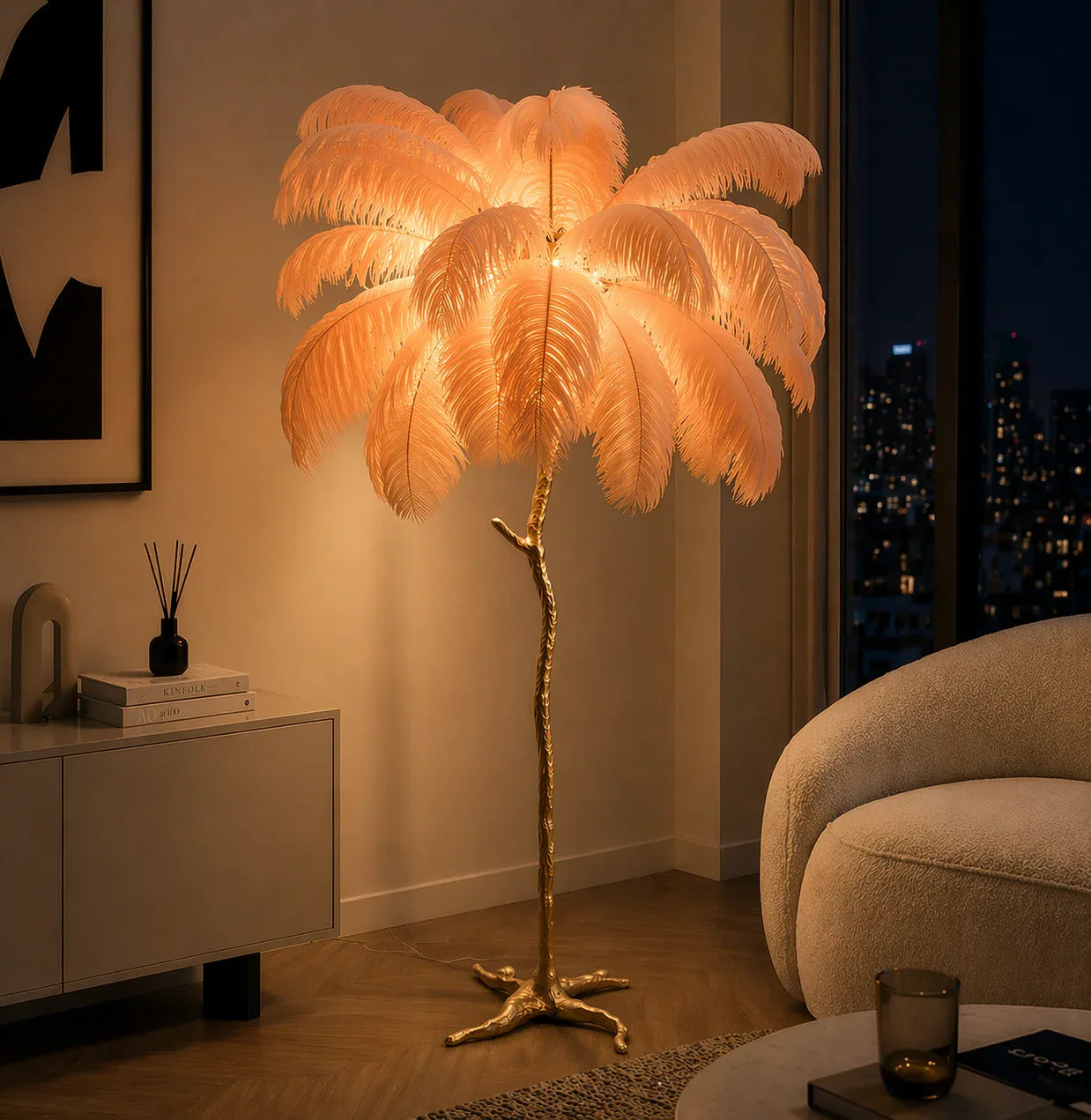 Ostrich Feather Floor Lamp — Gold Base, Multi - Size Options - tonkert