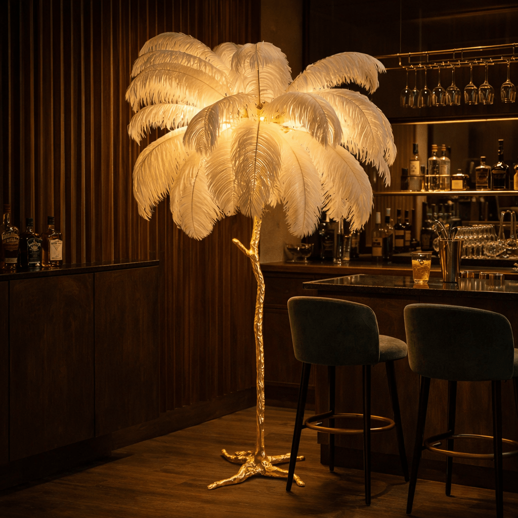 Ostrich Feather Floor Lamp — Gold Base, Multi - Size Options - tonkert