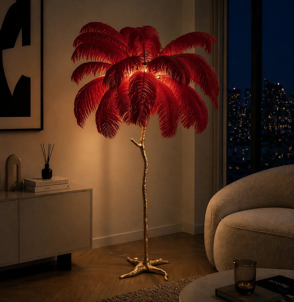 Ostrich Feather Floor Lamp — Gold Base, Multi - Size Options - tonkert