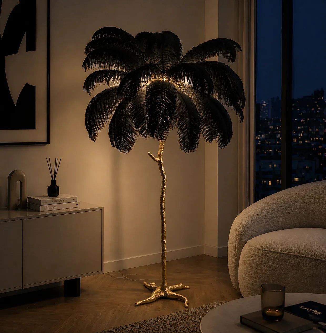 Ostrich Feather Floor Lamp — Gold Base, Multi - Size Options - tonkert