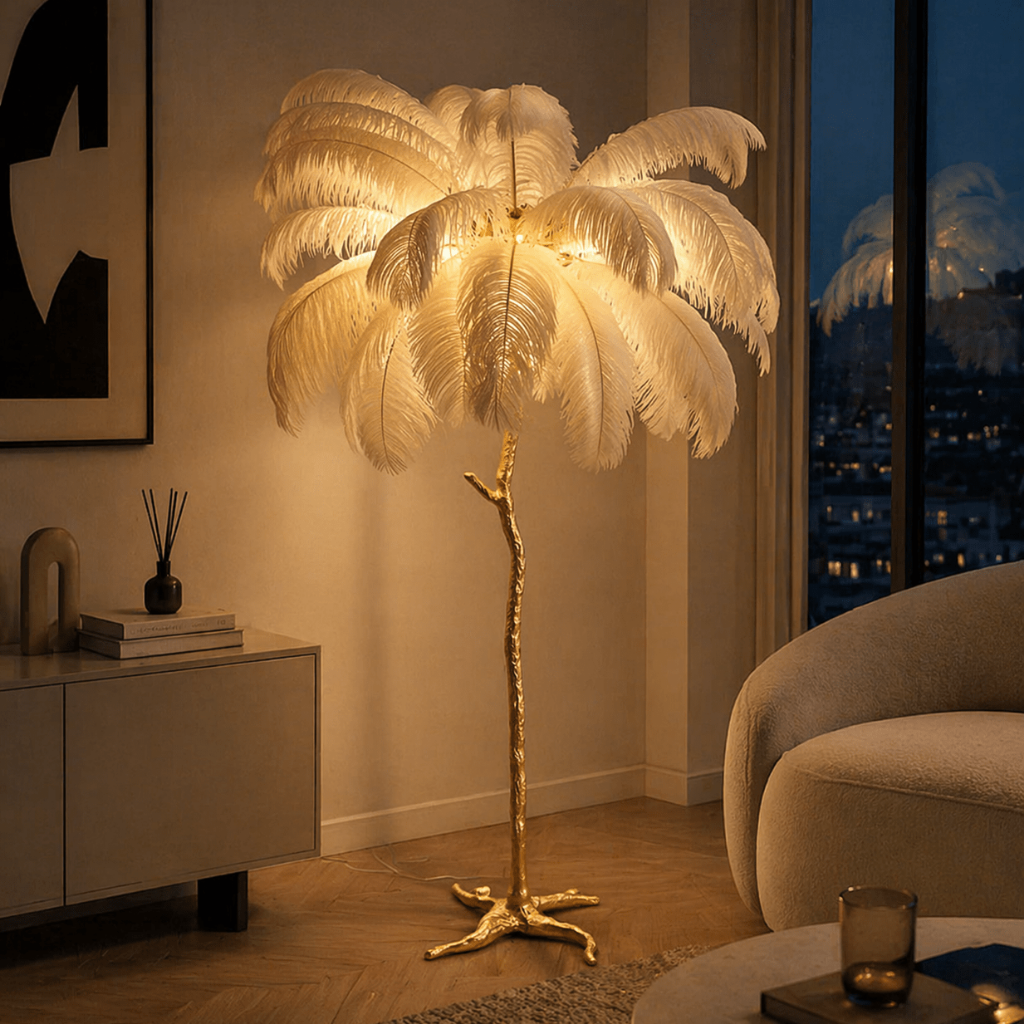 Ostrich Feather Floor Lamp — Gold Base, Multi - Size Options - tonkert